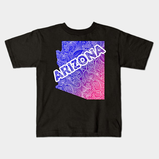 Colorful mandala art map of Arizona with text in blue and violet Kids T-Shirt by Happy Citizen